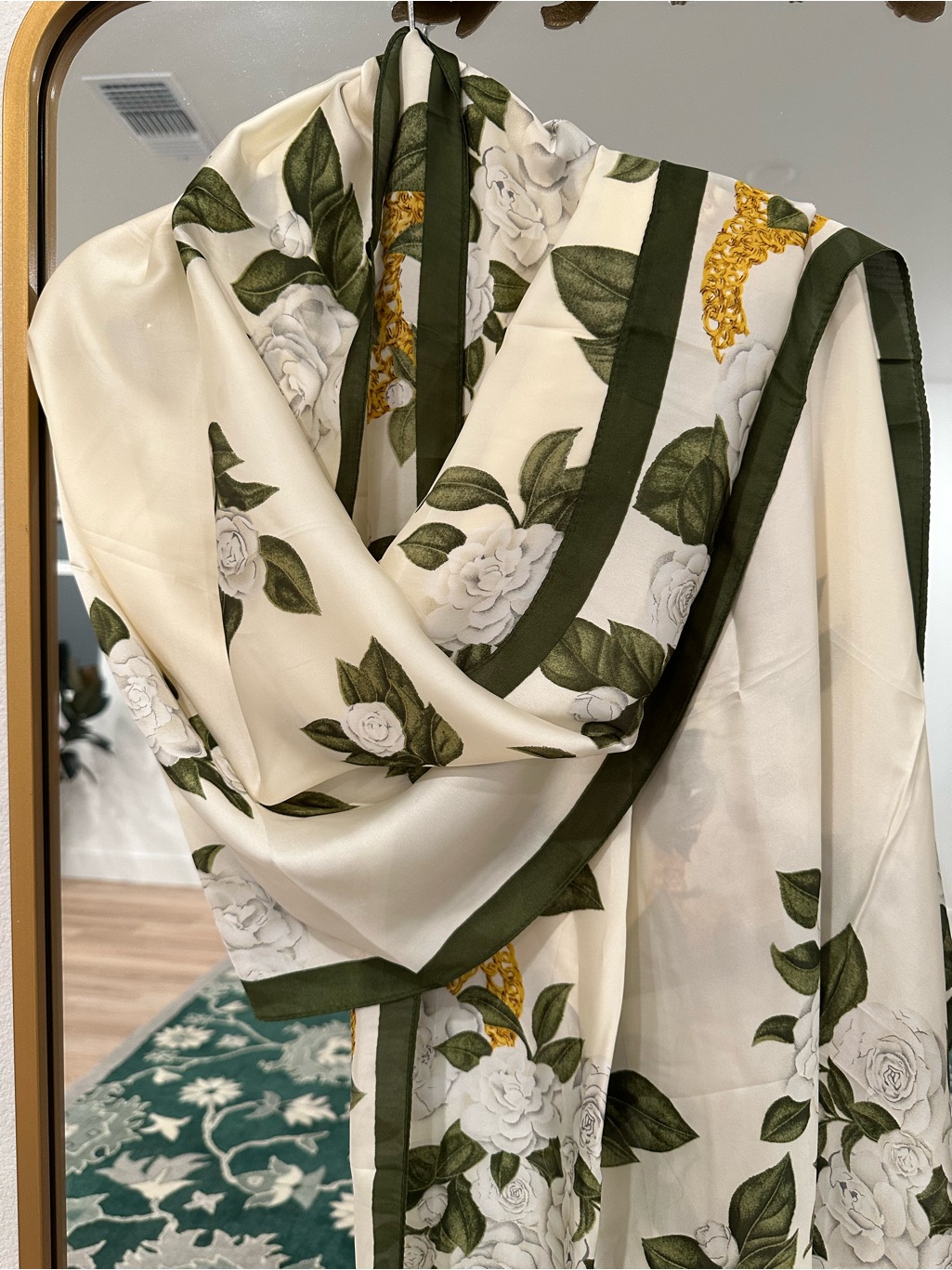 Cream Floral Scarf With Olive Trim